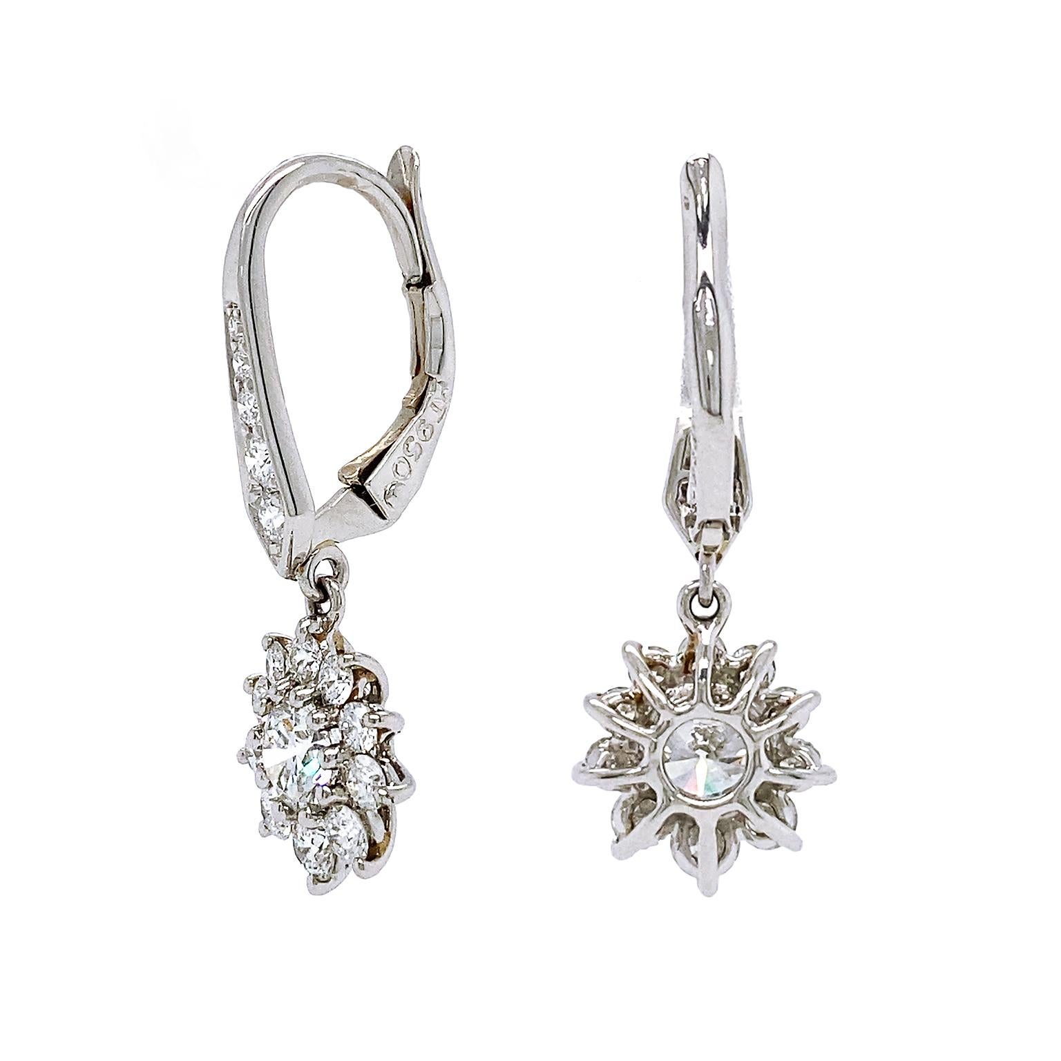 Round Cut Platinum Diamond Cluster Drop Earrings For Sale