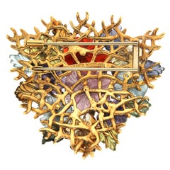 18K Yellow Gold Multicolor Gemstone Diamond Flower and Gold Trellis Brooch