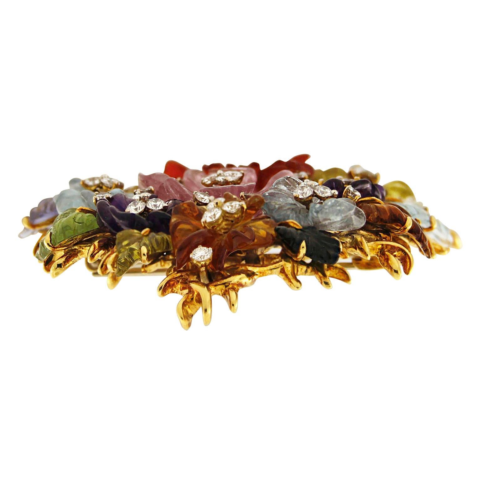 Taille brillant Broche treillis en or jaune 18 carats avec fleur en diamant et pierres précieuses multicolores en vente