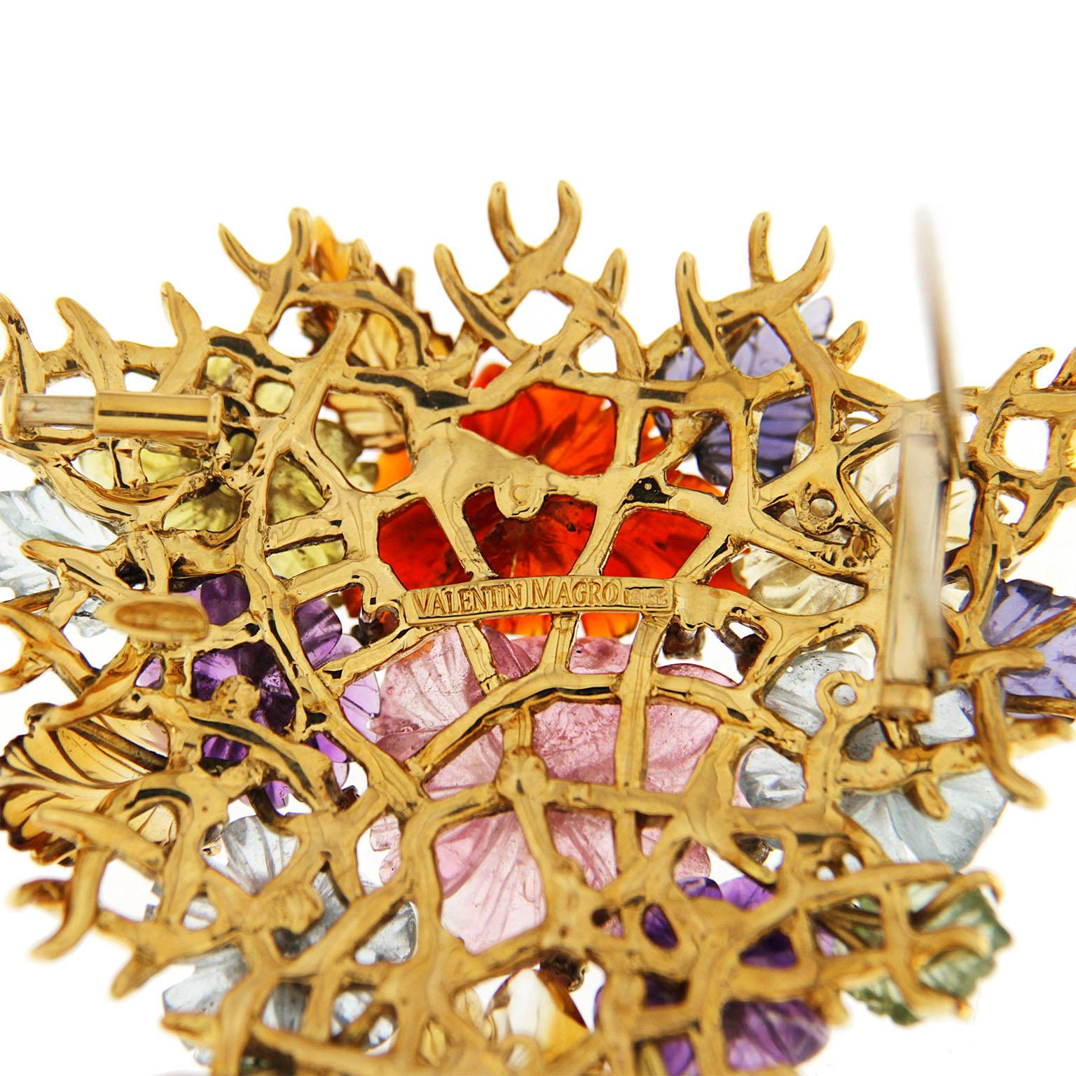 18K Yellow Gold Multicolor Gemstone Diamond Flower and Gold Trellis Brooch In New Condition For Sale In New York, NY