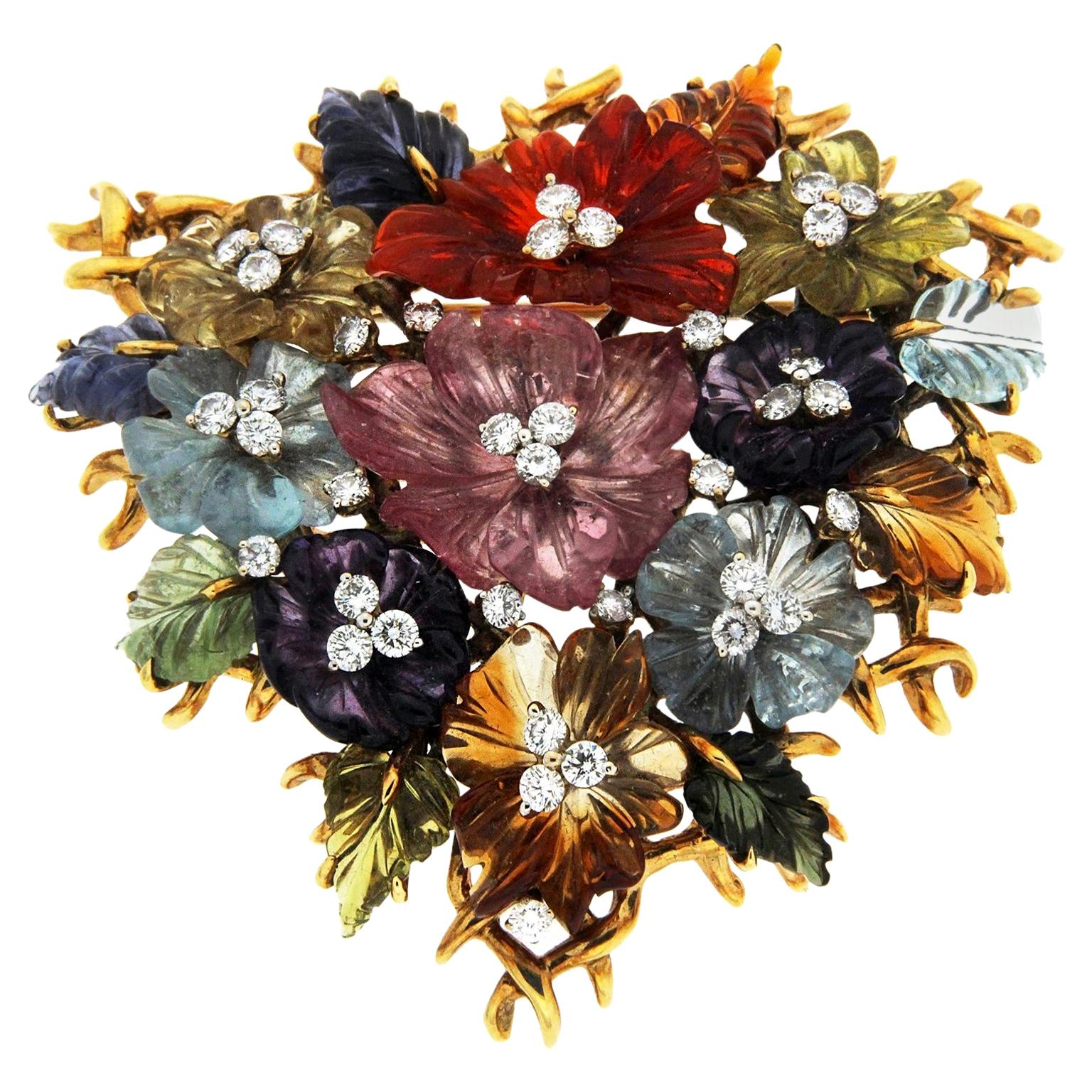 Valentin Magro Colored Gemstone Diamond Flower and Gold Trellis Brooch