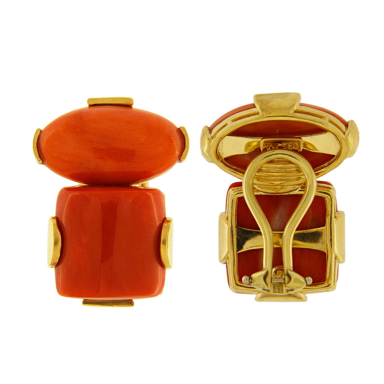 Valentin Magro Coral 18 Karat Yellow Gold Earrings exude warm hues. The body is filled with orangey red coral shaped into cabochons. Ovals rest on top while rectangular shapes sit below. Gold serves as both mount and clip-backs, while accenting the 