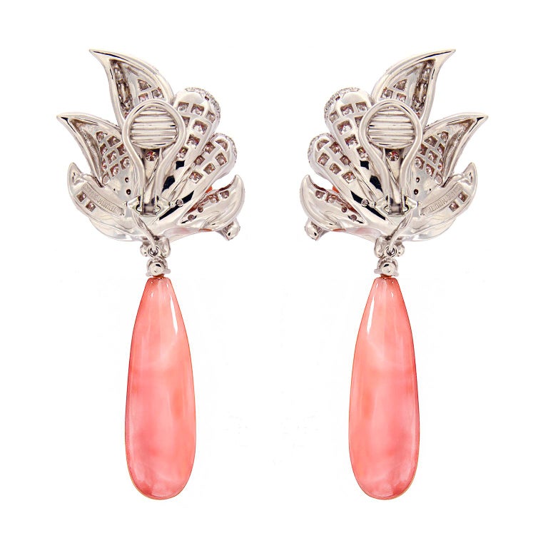 Brilliant Cut Valentin Magro Coral and Diamond Windblown Flower Drop Earrings For Sale