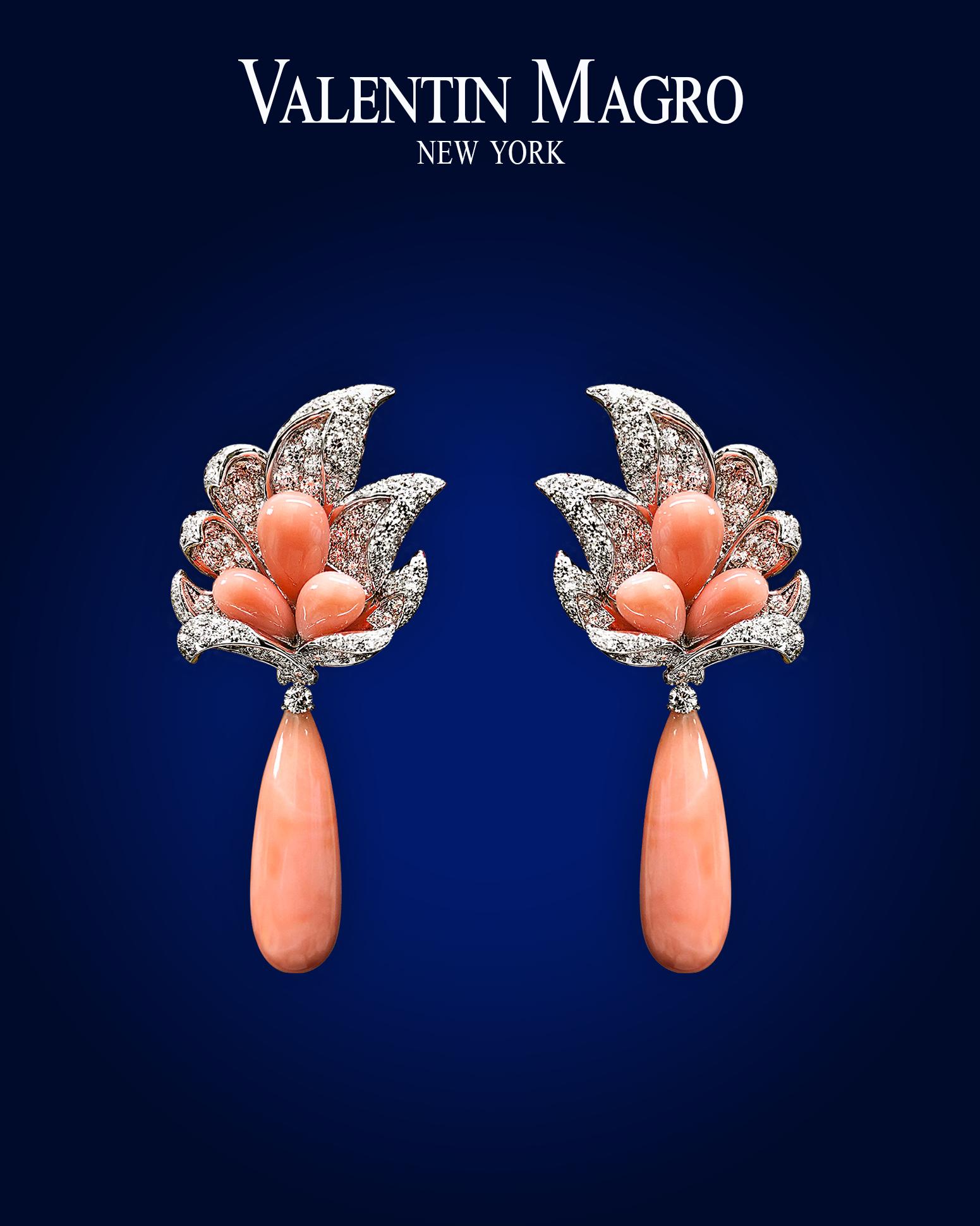 Valentin Magro Coral and Diamond Windblown Flower Drop Earrings In New Condition In New York, NY