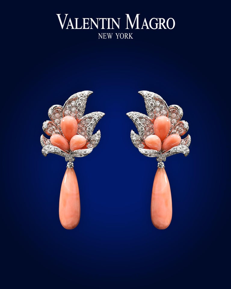Women's Valentin Magro Coral and Diamond Windblown Flower Drop Earrings For Sale