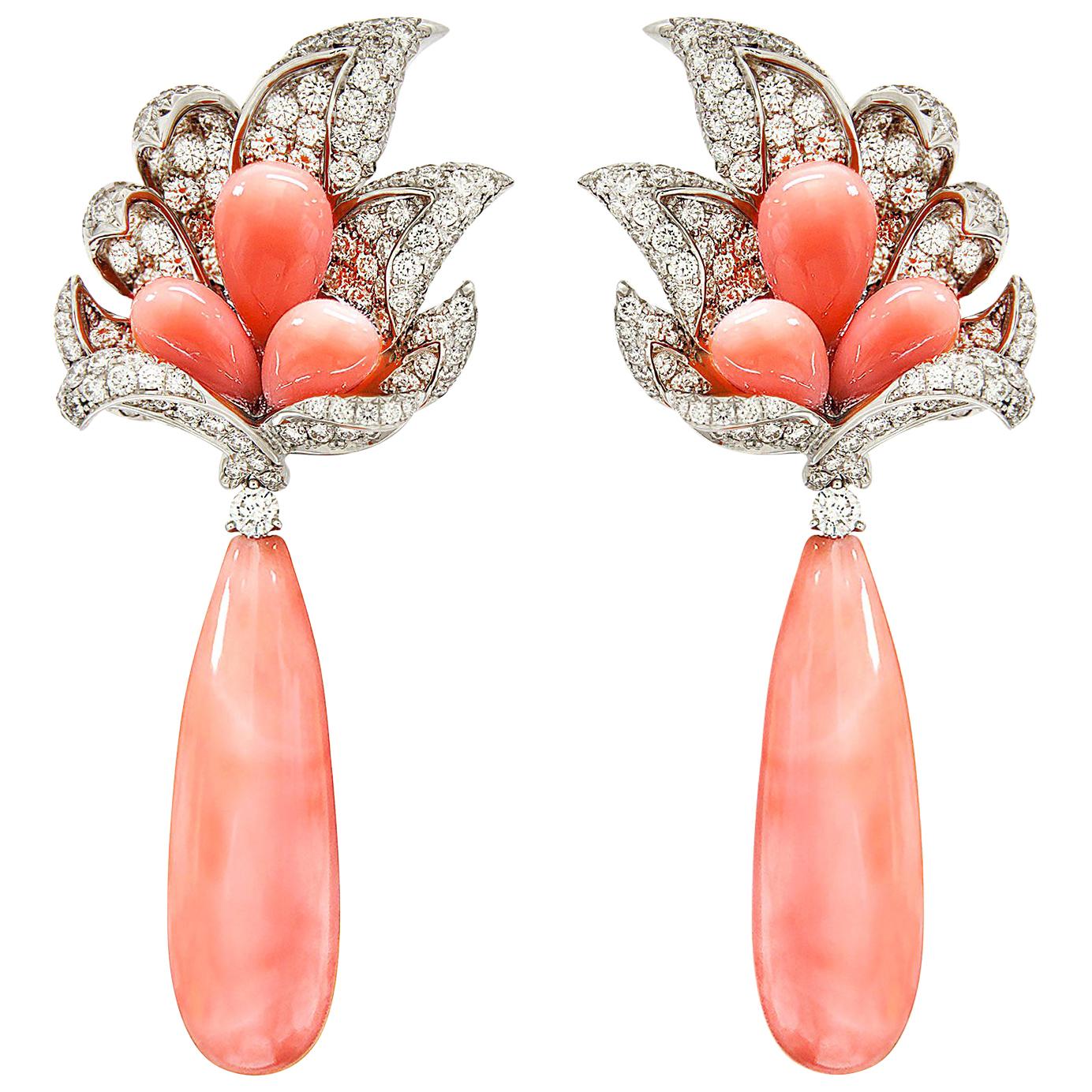 Valentin Magro Coral and Diamond Windblown Flower Drop Earrings