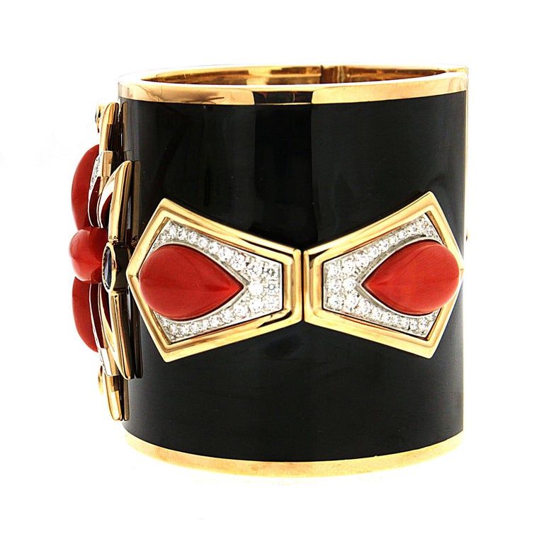 Mixed Cut Valentin Magro Coral Black Enamel Sapphires Diamonds Gold Maltese Cuff Bracelet For Sale