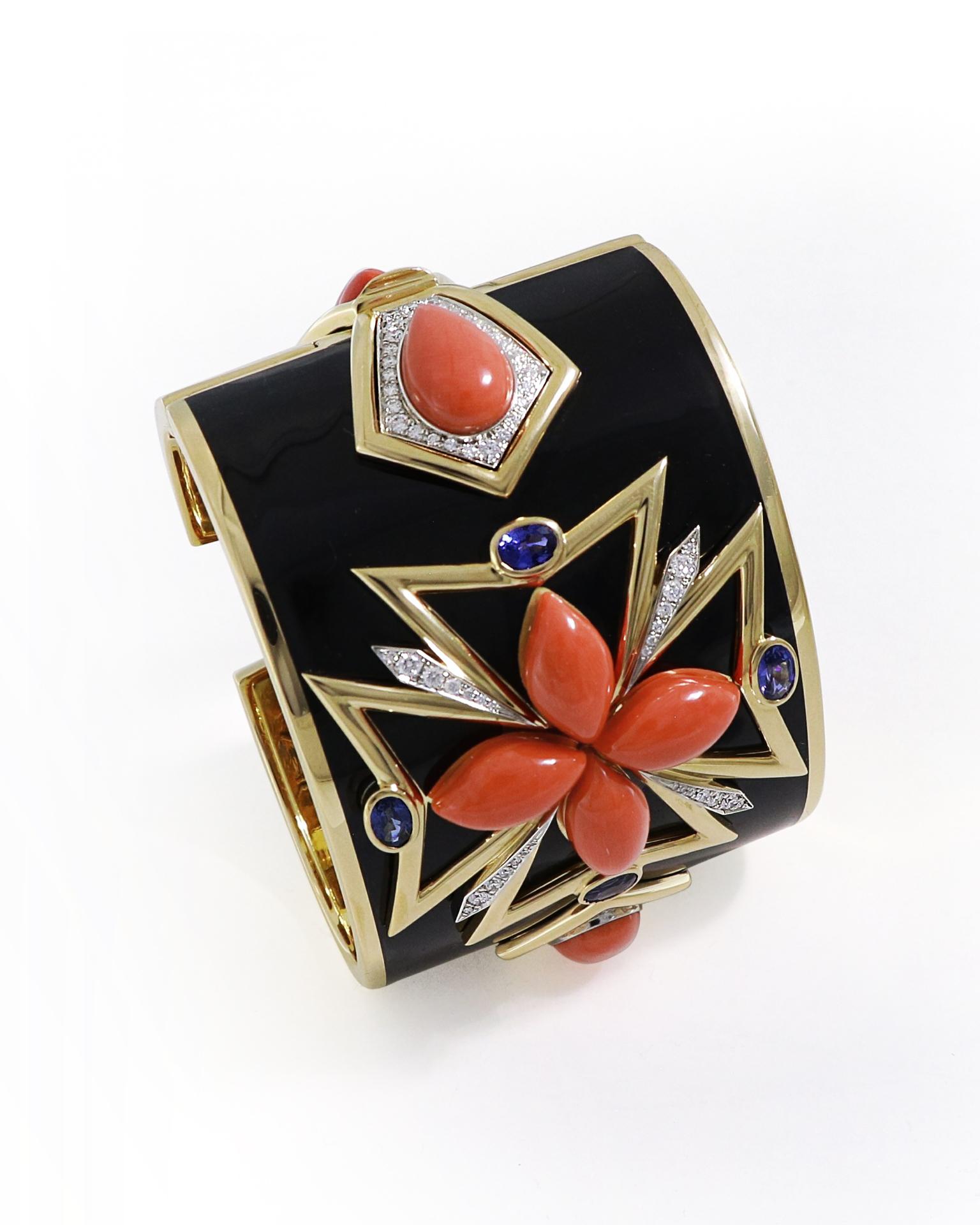 Contemporary Red Coral Maltese Black Enamel Diamond Sapphire Cuff Bracelet For Sale