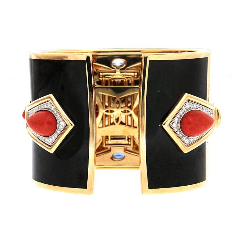 Valentin Magro Coral Black Enamel Sapphires Diamonds Gold Maltese Cuff Bracelet In New Condition For Sale In New York, NY