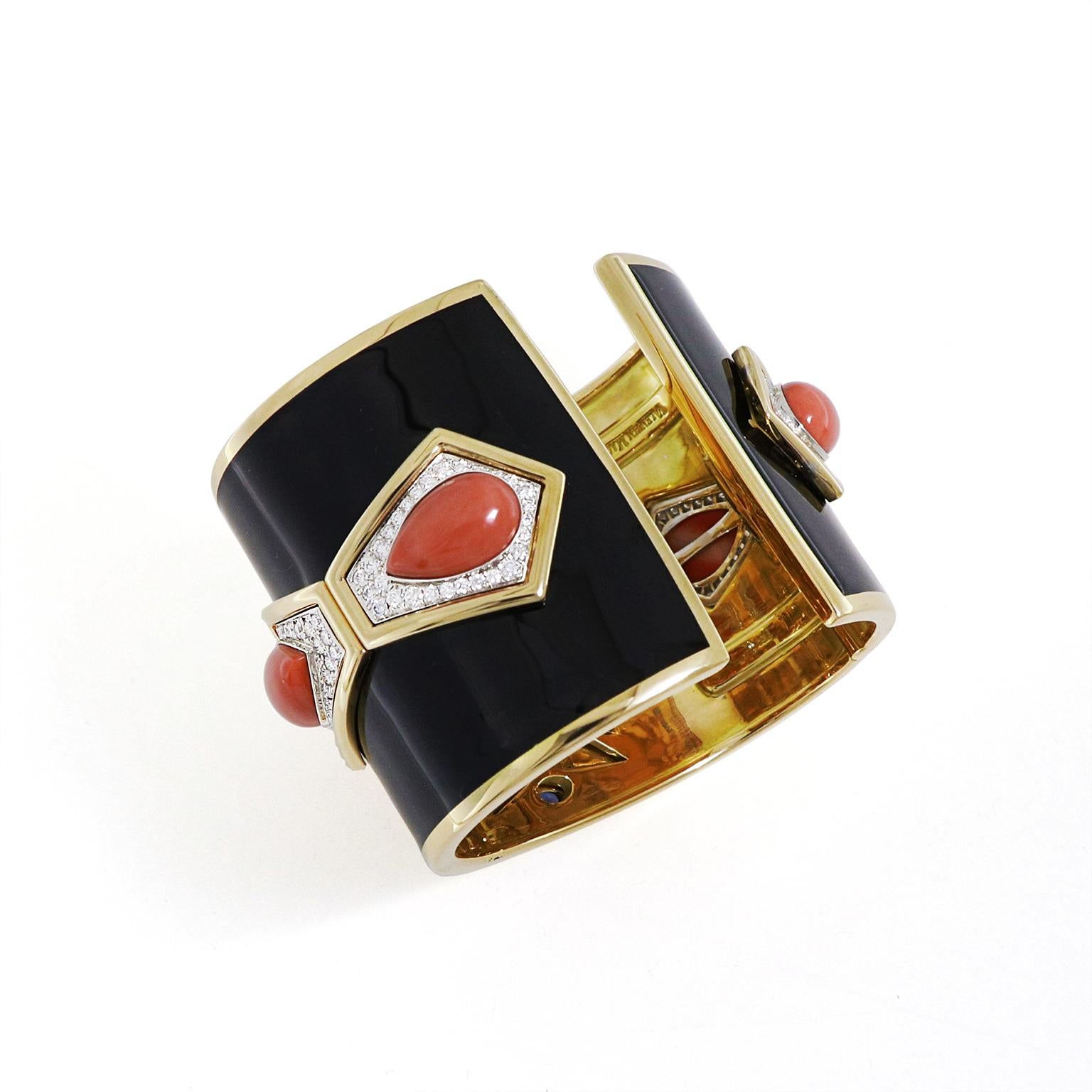 Red Coral Maltese Black Enamel Diamond Sapphire Cuff Bracelet In New Condition For Sale In New York, NY
