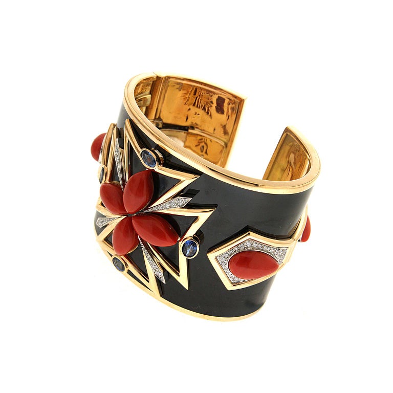 Valentin Magro Coral Black Enamel Sapphires Diamonds Gold Maltese Cuff Bracelet For Sale 1