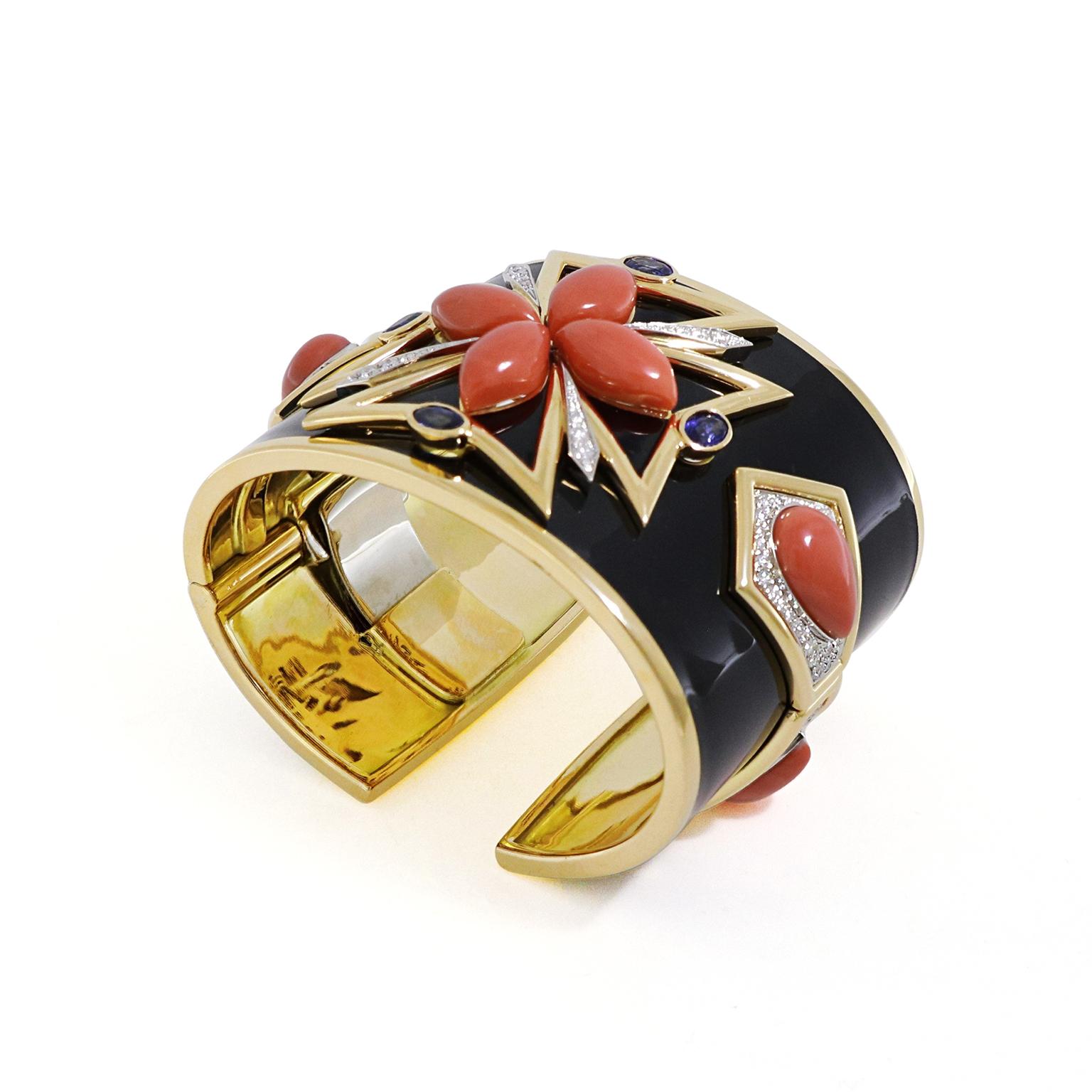 Red Coral Maltese Black Enamel Diamond Sapphire Cuff Bracelet For Sale 1