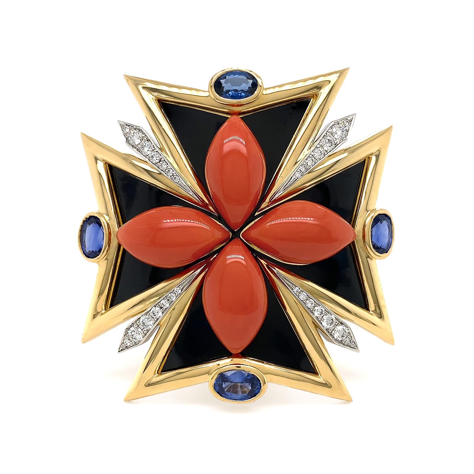 Mixed Cut Red Coral Maltese Black Enamel Diamond Sapphire Cuff Bracelet For Sale
