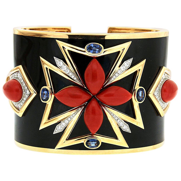 Valentin Magro Coral Black Enamel Sapphires Diamonds Gold Maltese Cuff Bracelet For Sale