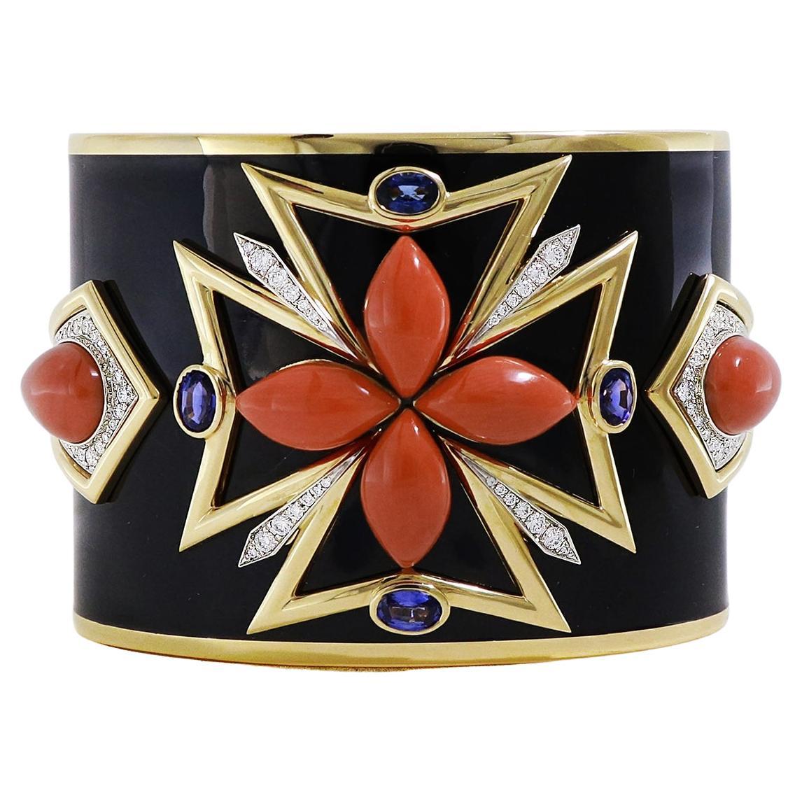 Red Coral Maltese Black Enamel Diamond Sapphire Cuff Bracelet For Sale