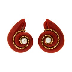 Valentin Magro Coral Pearl Gold Snail Earrings