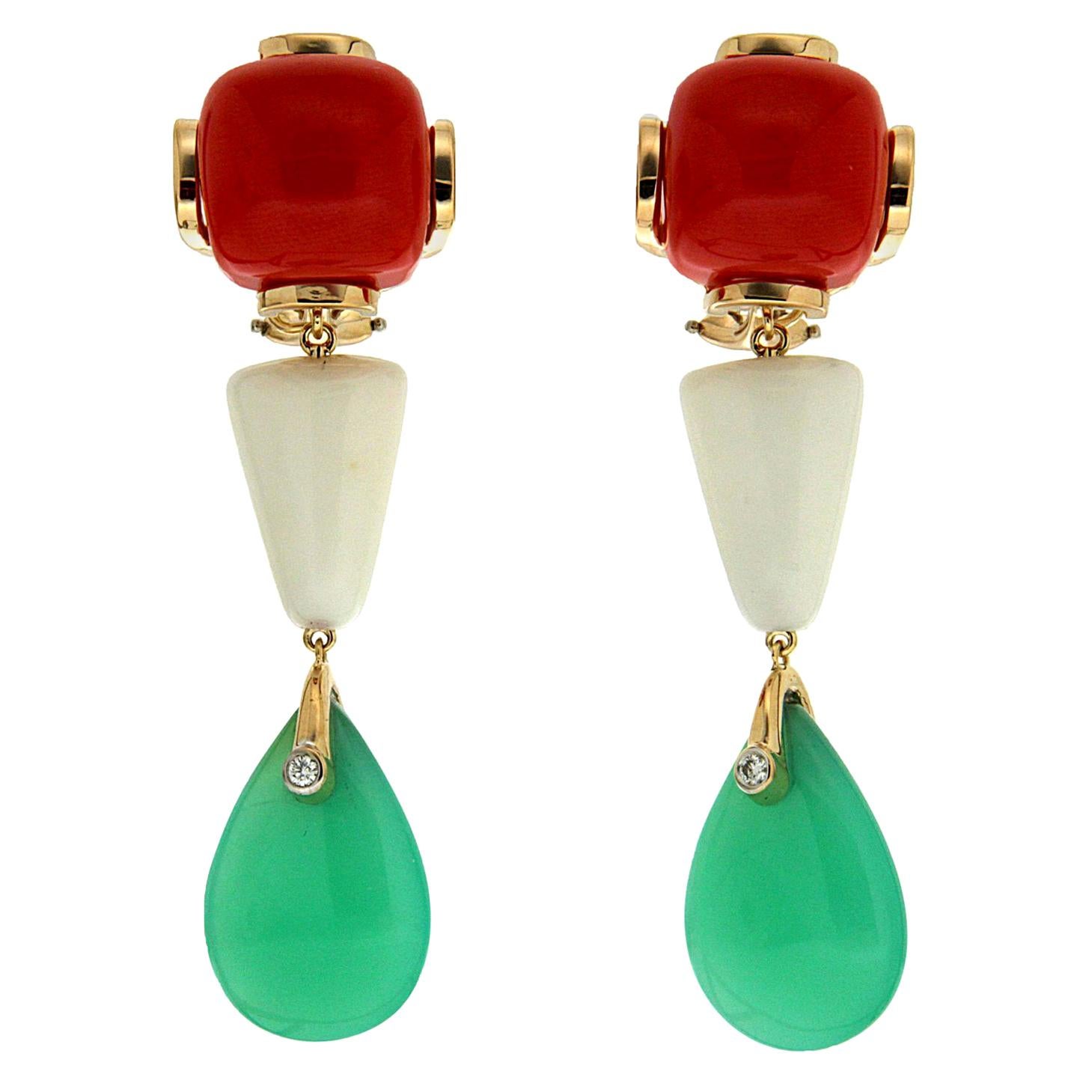 Valentin Magro Coral, White Trapezoid and Chrysoprase Gold Drop Earrings