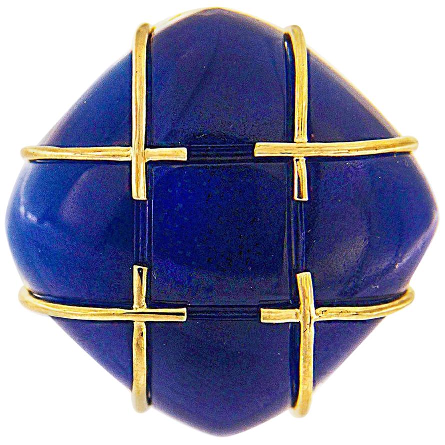 Criss-Cross Blue Agate 18K Yellow Gold Ring For Sale
