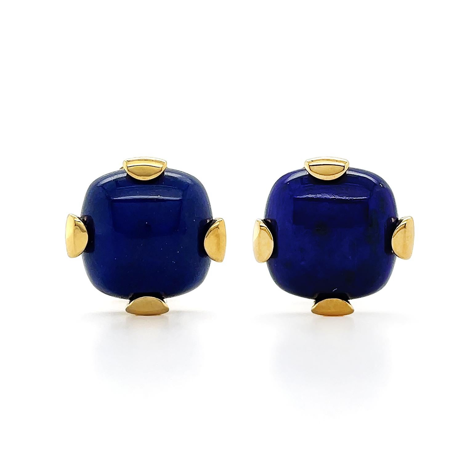 Women's or Men's 18K Yellow Gold Cushion Cabochon Lapis Lazuli Clip-on Earrings For Sale