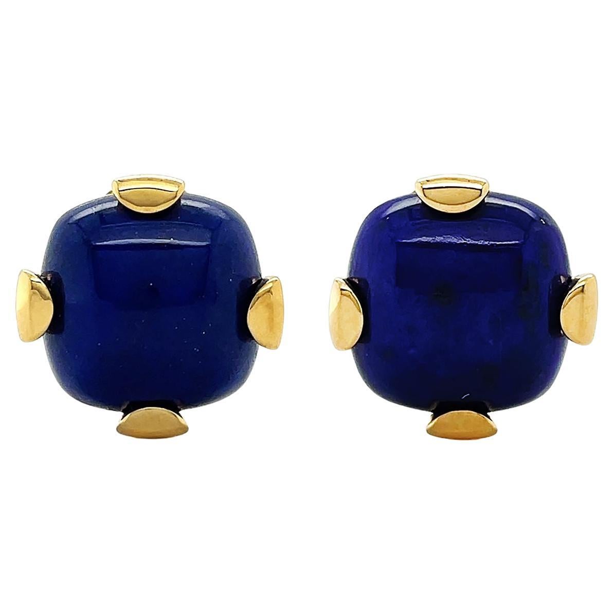 18K Yellow Gold Cushion Cabochon Lapis Lazuli Clip-on Earrings For Sale