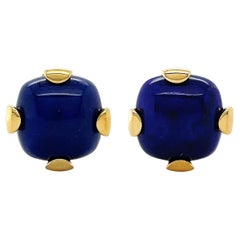 18K Yellow Gold Cushion Cabochon Lapis Lazuli Clip-on Earrings