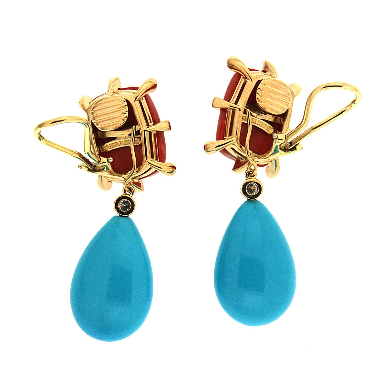 Valentin Magro Cushion Coral and Tear Drop Turquoise Earrings In New Condition In New York, NY