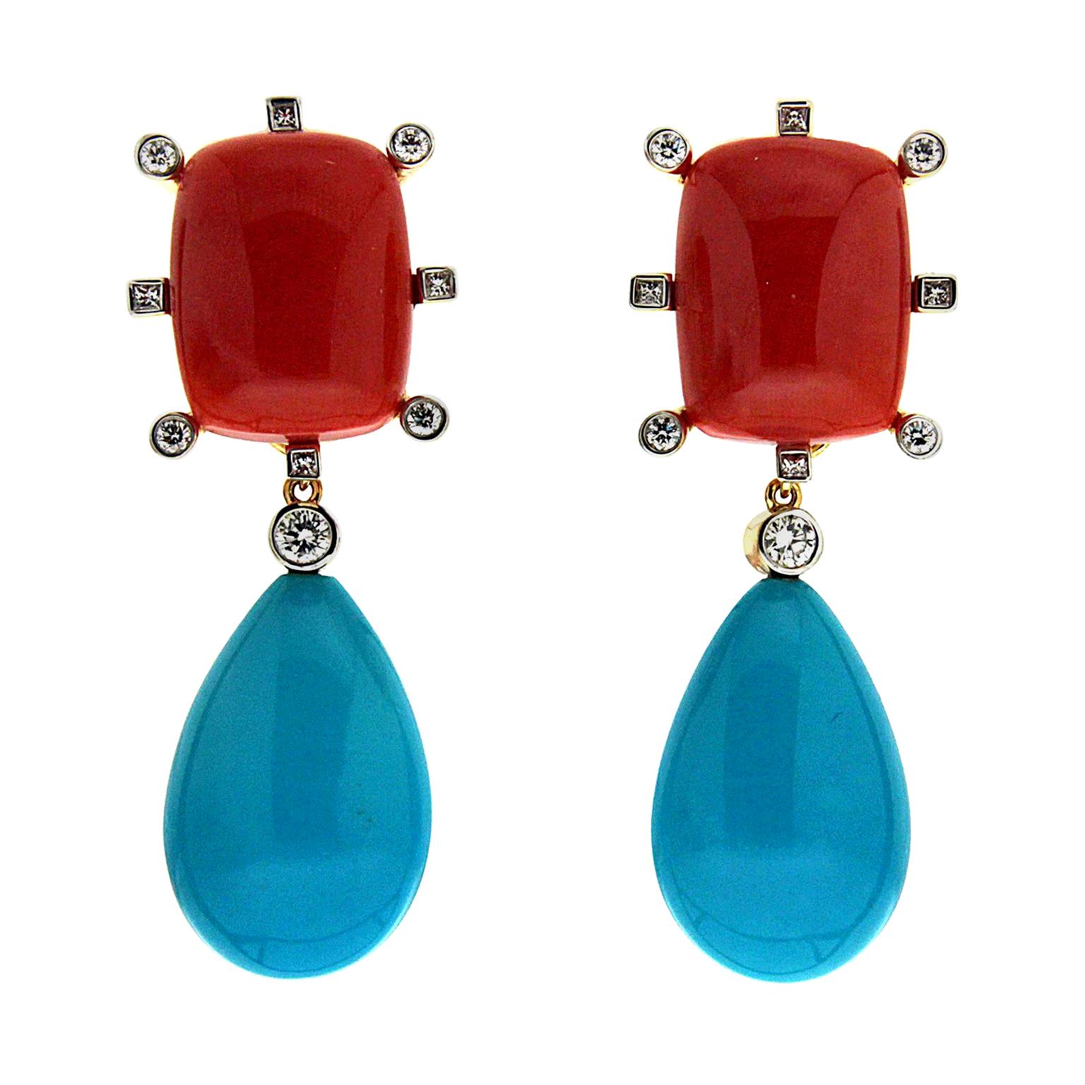 Valentin Magro Cushion Coral and Tear Drop Turquoise Earrings