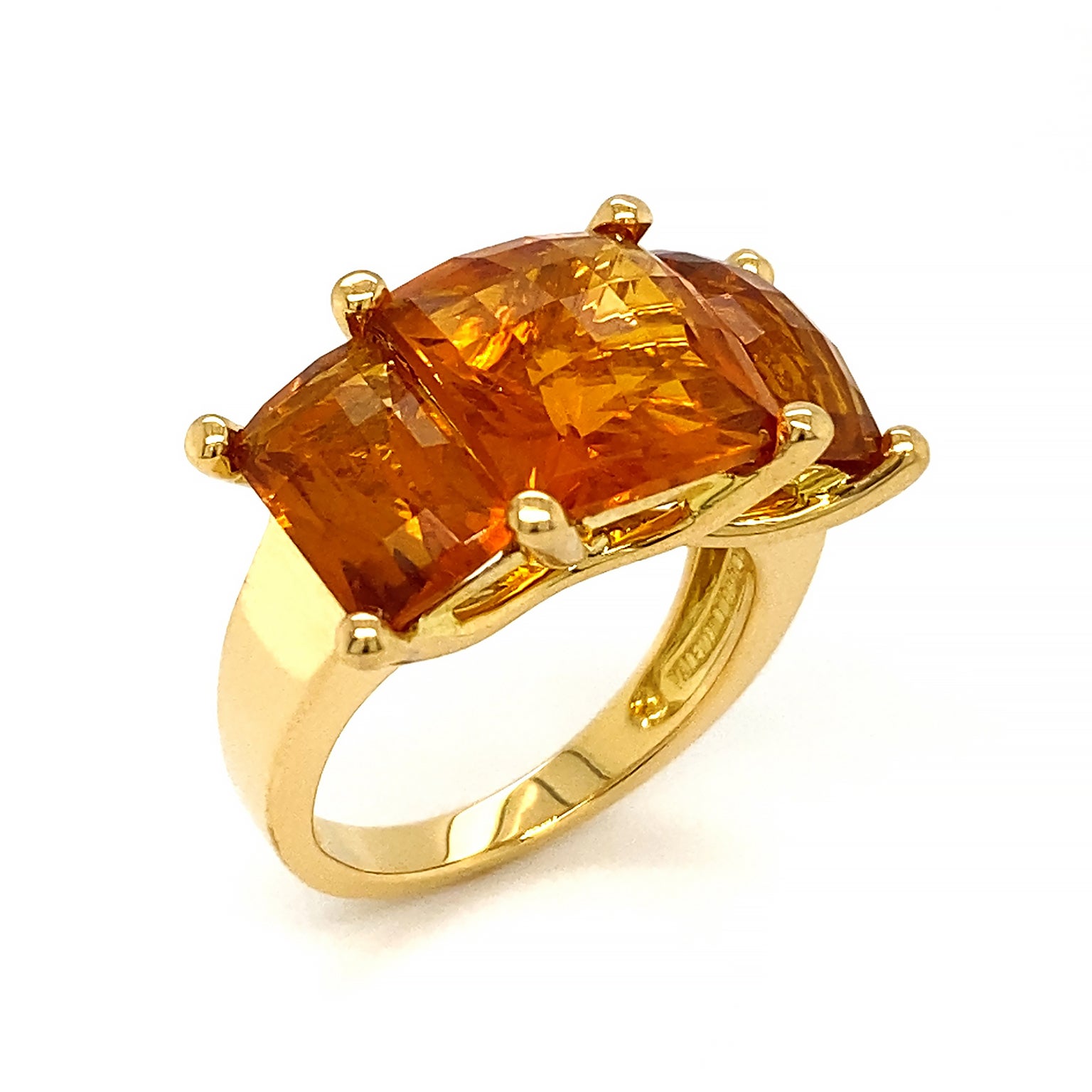 Madeira Citrine Three Stone 18K Yellow Gold Ring For Sale