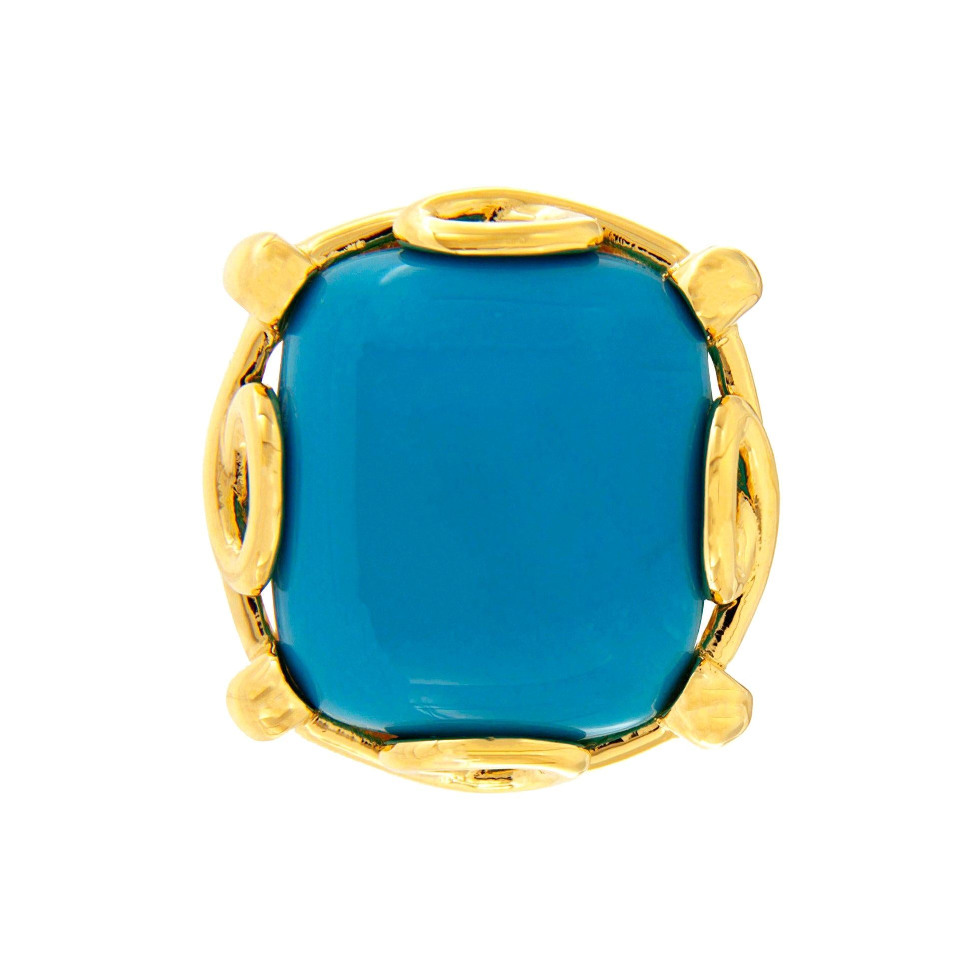 Cushion Cut Cushion Sleeping Beauty Turquoise 18K Yellow Gold Ring For Sale