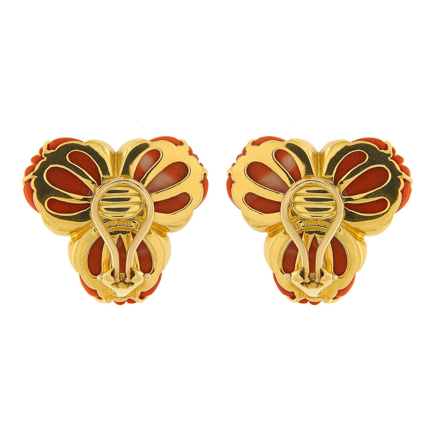 Valentin Magro Dark Red Coral Diamond Triple Fan Earrings turn the ocean into wearable art. Precious coral carved into fluted shapes and set three to an earring, emulating sea fans. Round brilliant cut diamonds pave set in 18k yellow gold wraps