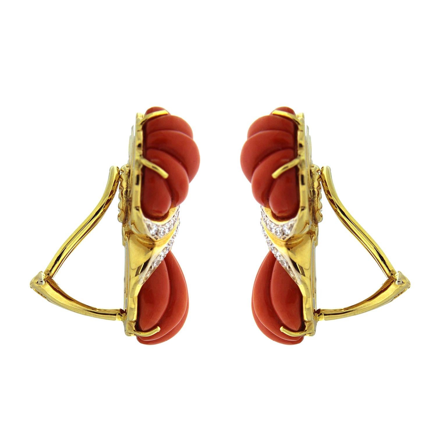 Round Cut Valentin Magro Dark Red Coral Diamond Triple Fan Earrings