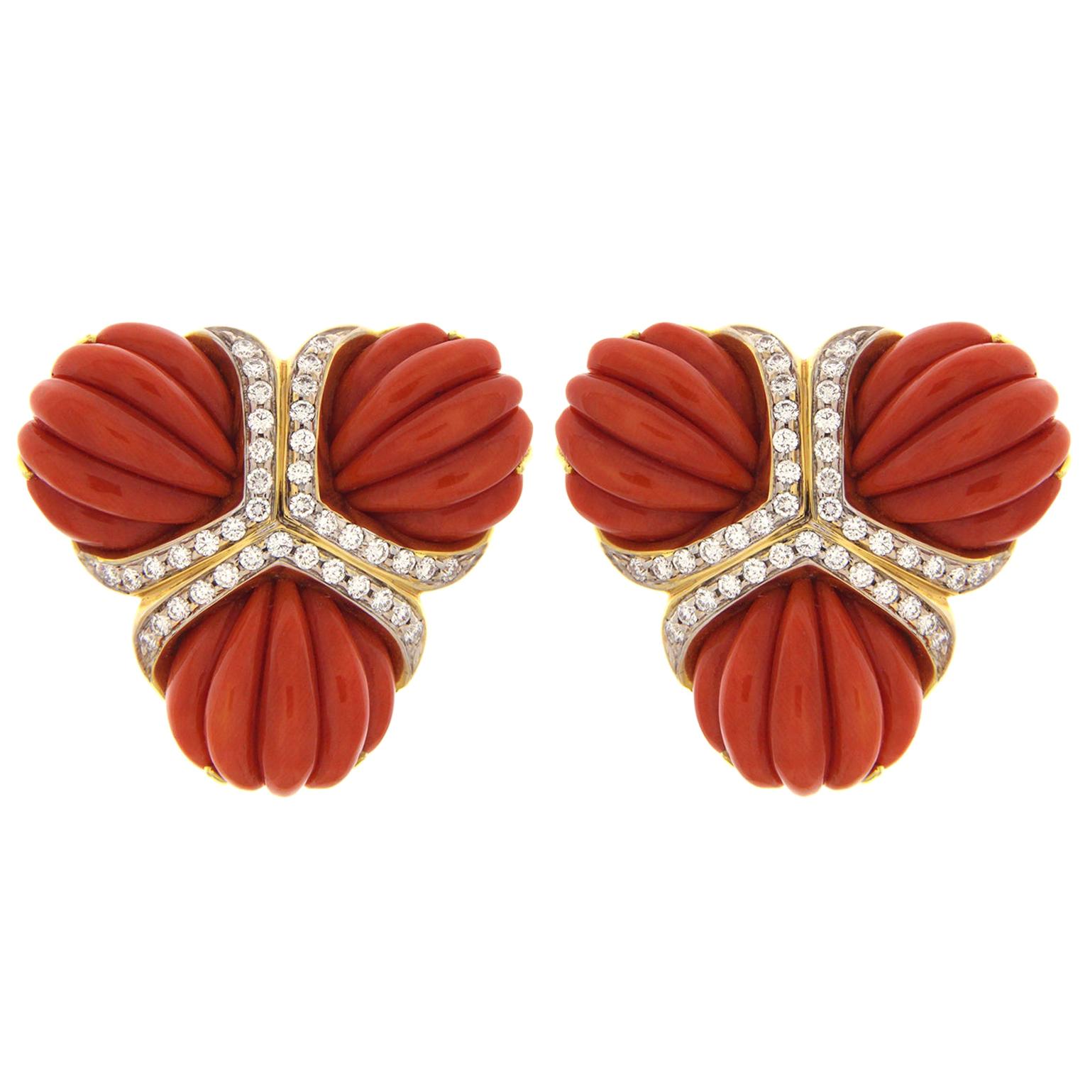 Valentin Magro Dark Red Coral Diamond Triple Fan Earrings