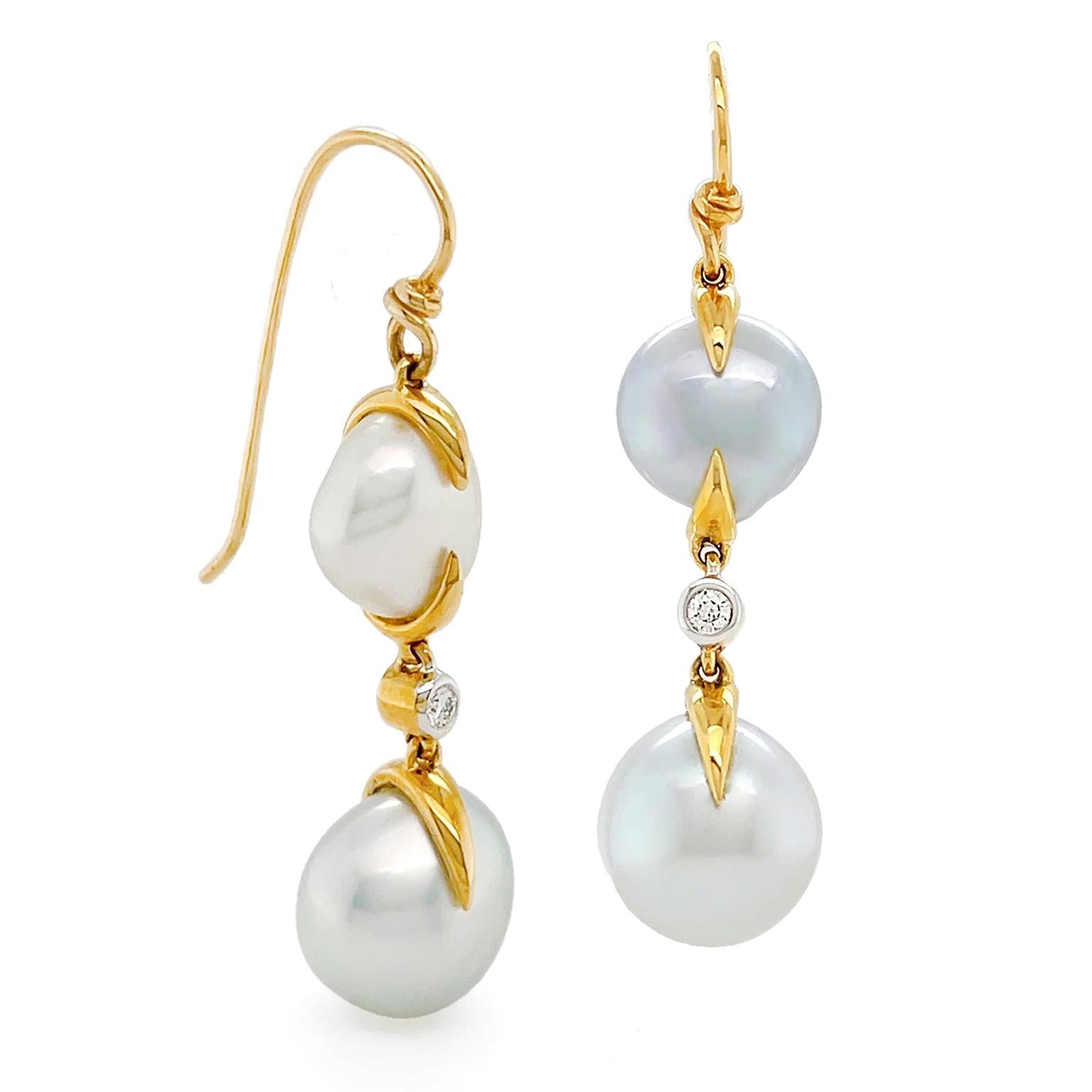 Bead 18K Yellow Gold Double White Keshi Pearl Diamond Wire Earrings For Sale