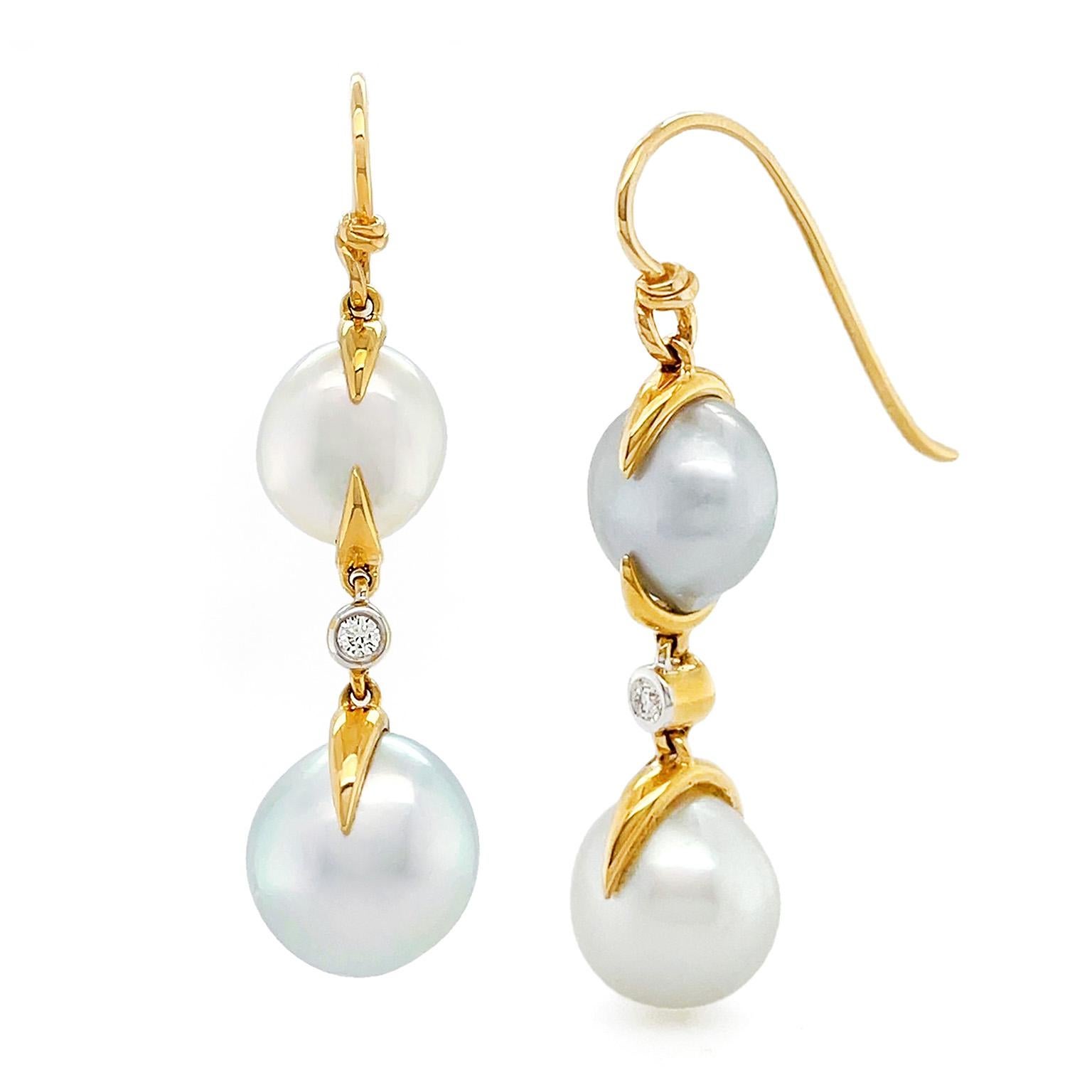 18K Yellow Gold Double White Keshi Pearl Diamond Wire Earrings In New Condition For Sale In New York, NY