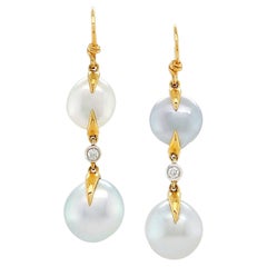 18K Yellow Gold Double White Keshi Pearl Diamond Wire Earrings