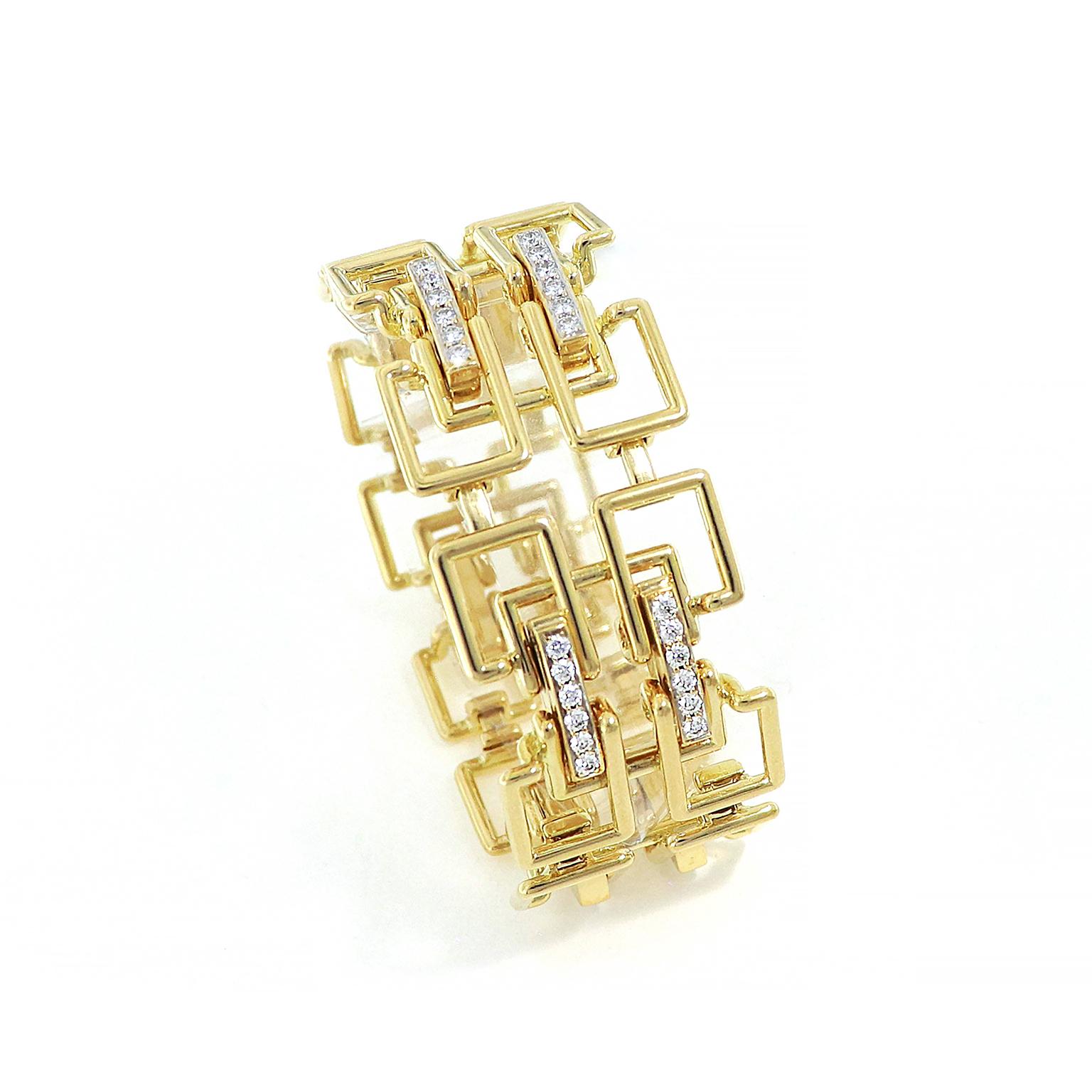 The warm glow of 18k yellow gold forms a geometric Art Deco-inspired motif accented by the flicker of brilliant cut diamonds. Layers of the sleek metal give it dimension with a square base featuring extending strands morphed into a square to overlay