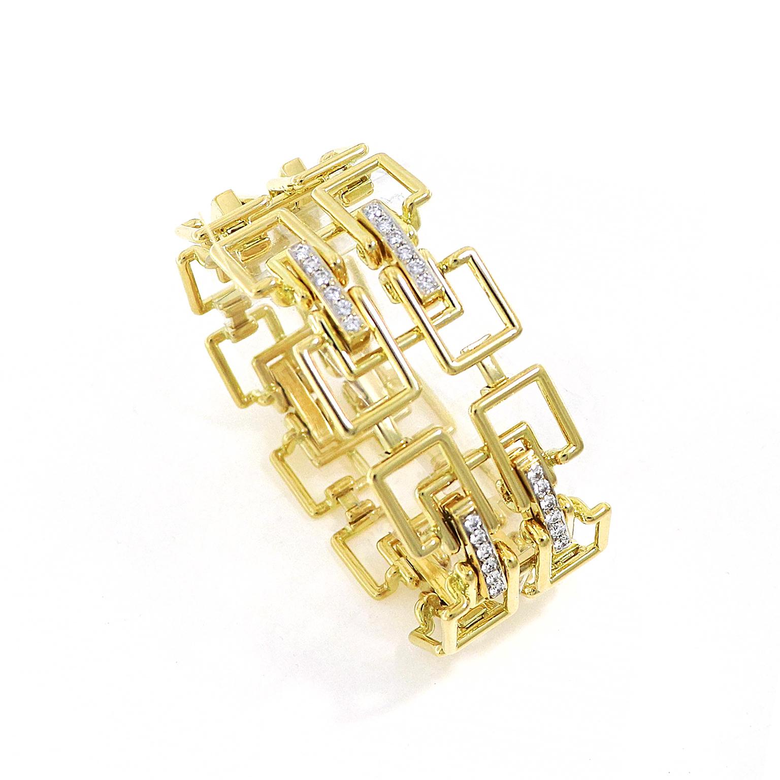 Art déco Bracelet à maillons carrés en or jaune 18K et diamants en vente