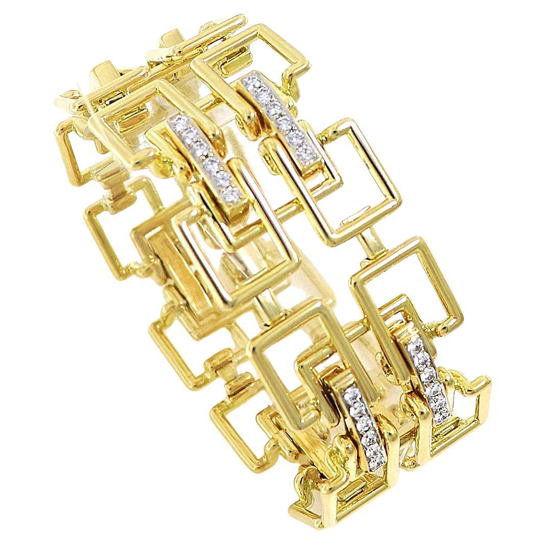 Bracelet à maillons carrés en or jaune 18K et diamants en vente