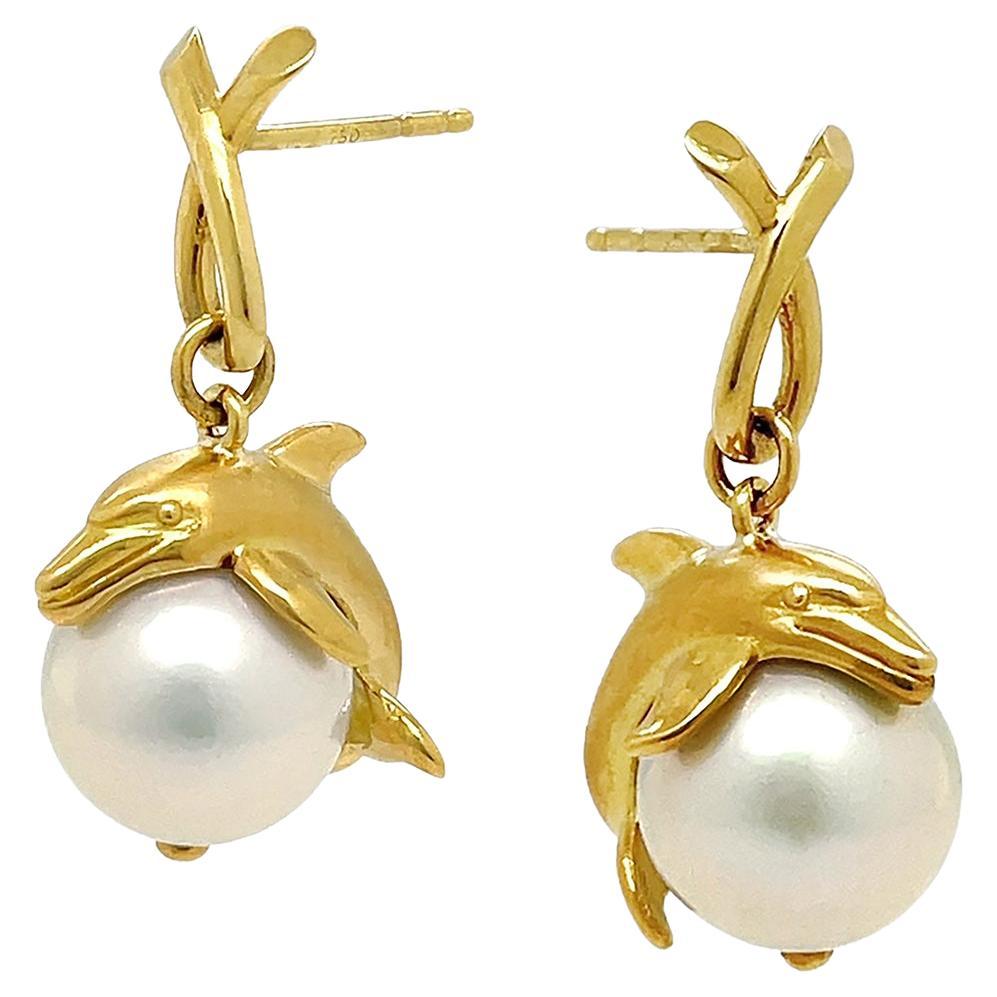 18K Yellow GoldDolphin Grabbing a South Sea Pearl Stud Earrings For Sale