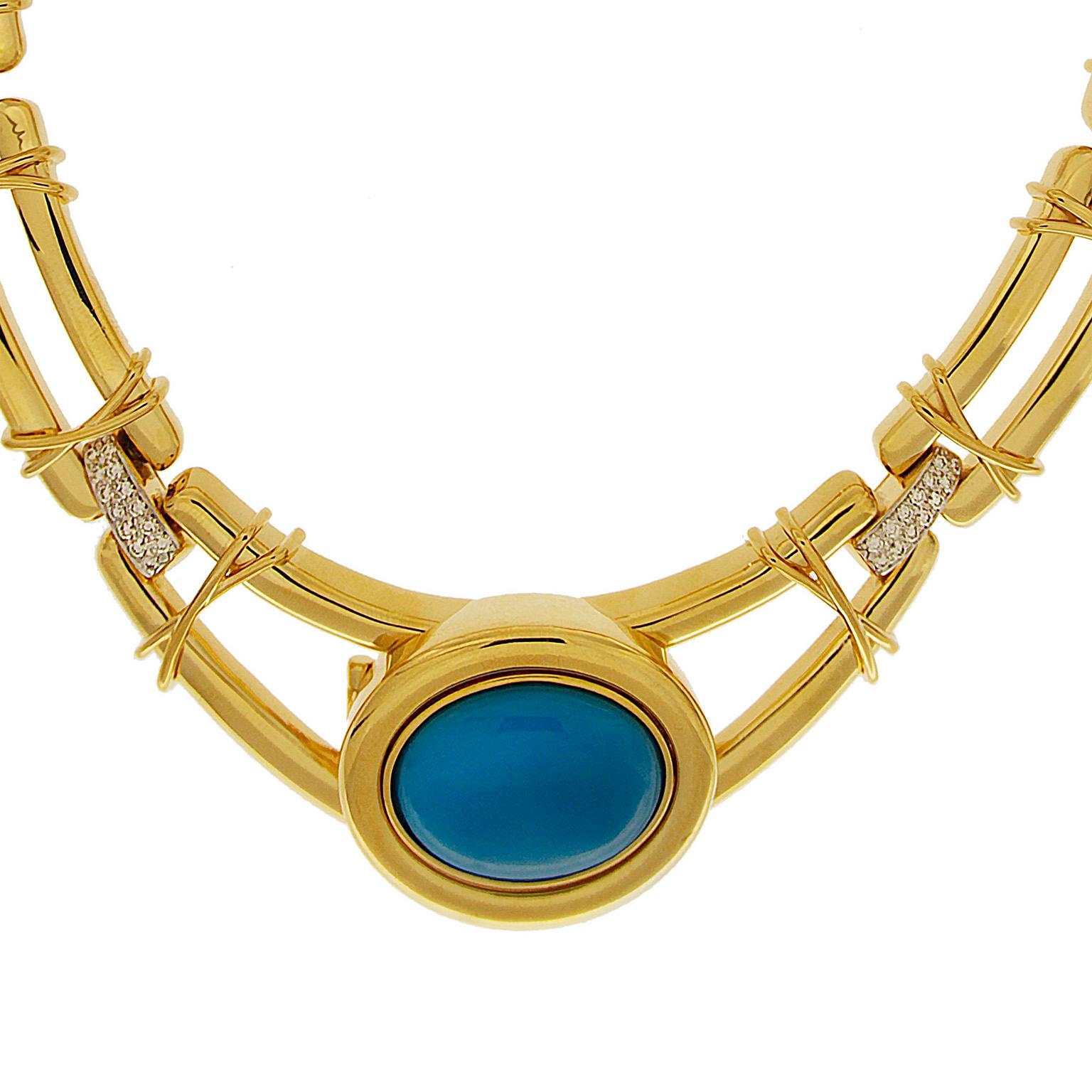 Double line necklace with criss cross motifs. Removable center, gold and diamond one side, turquoise other side. 