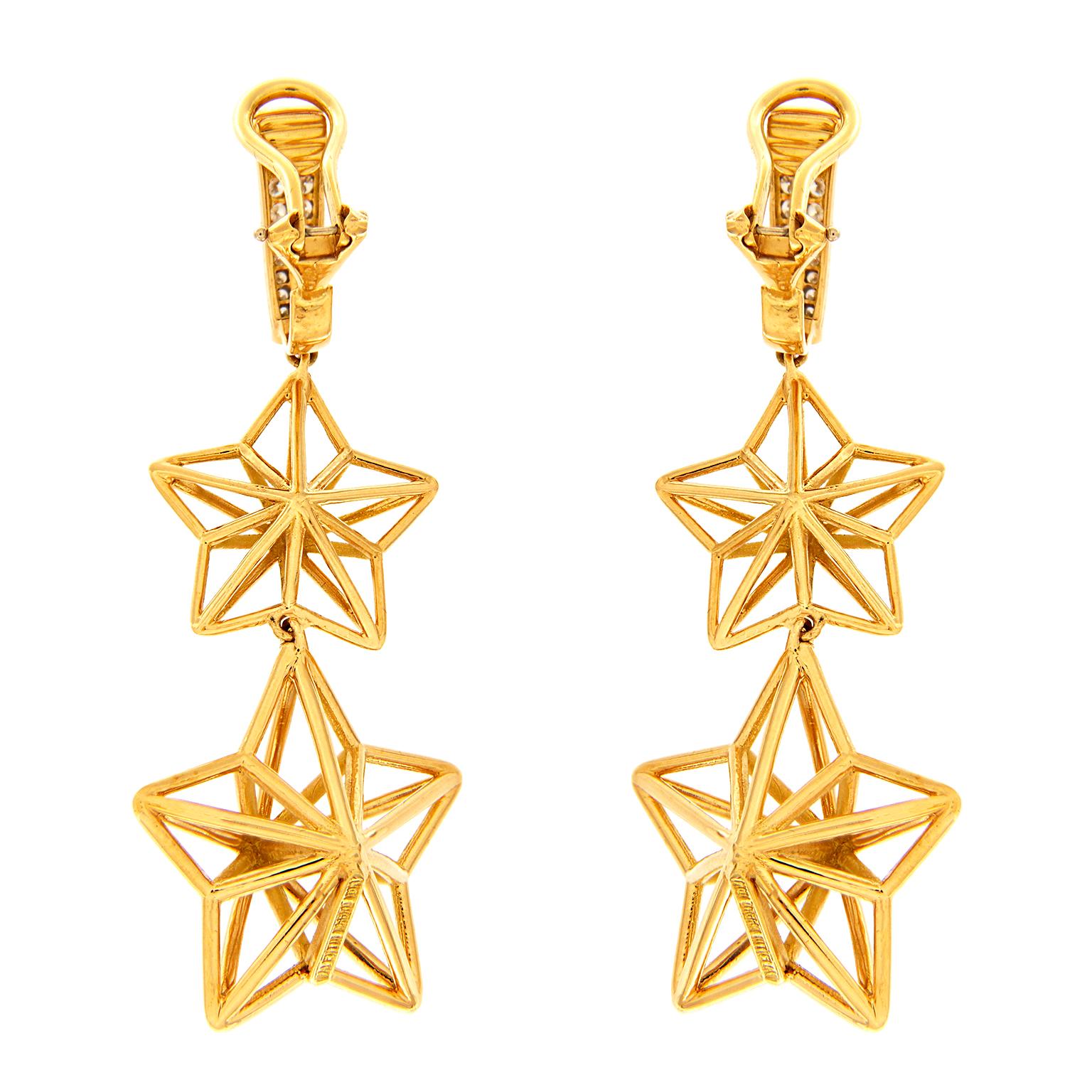 Round Cut Valentin Magro Double Star Dangling Diamond Gold Earrings