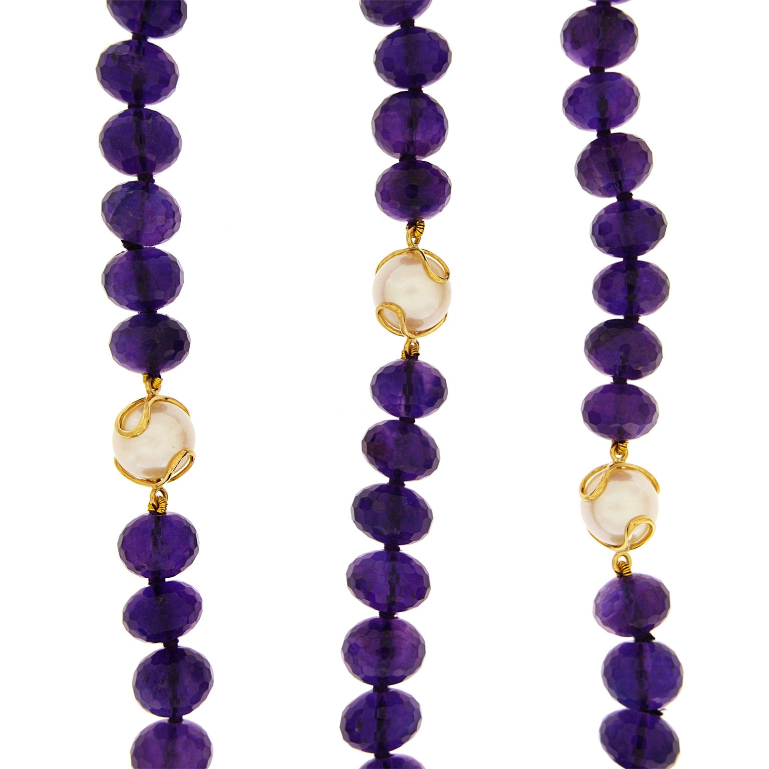 Modern Faceted Amethyst Roundelle White Freshwater Pearl 18K Yellow Gold Necklace