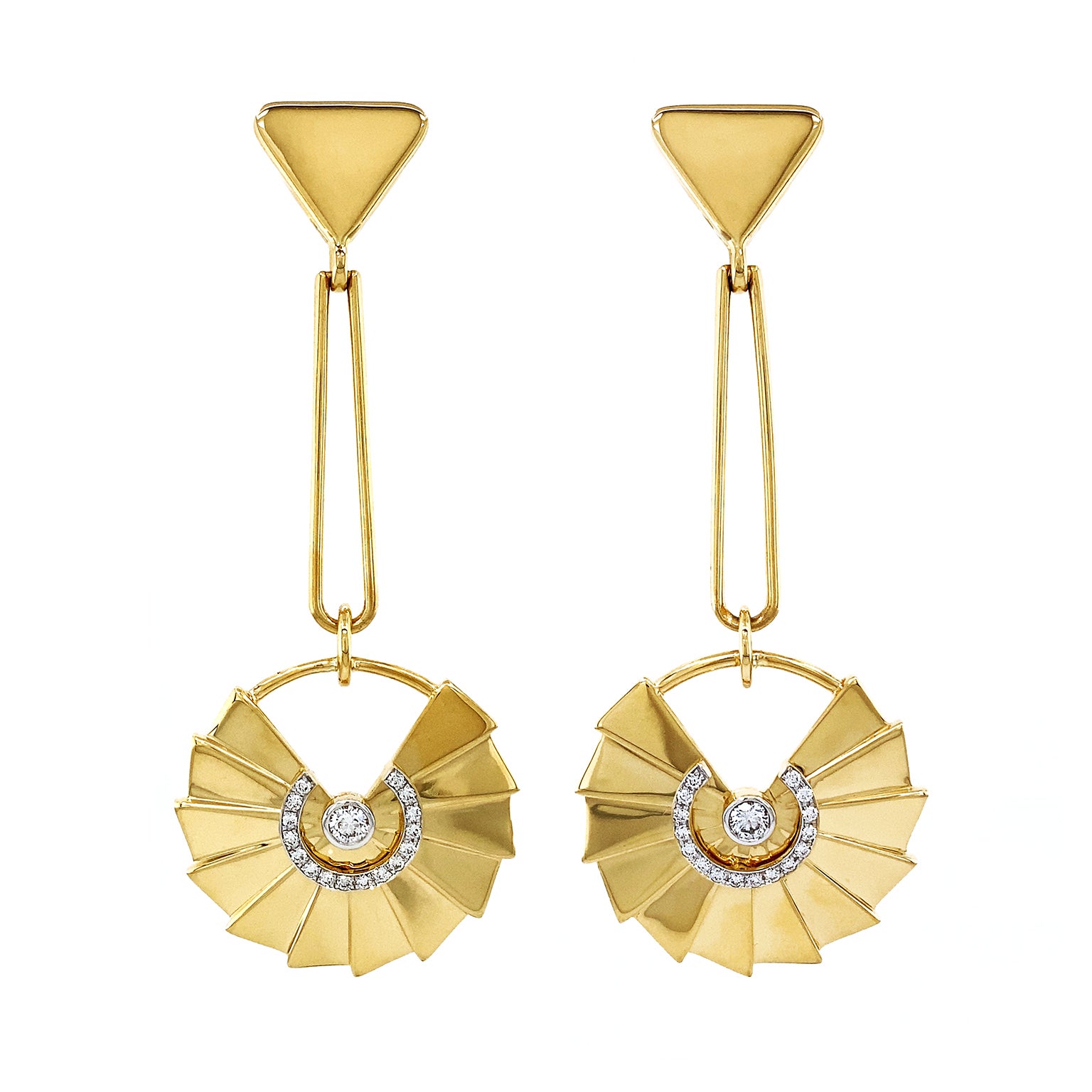 18k yellow gold triangles are the focus of these earrings. Beginning with an upturned triangle, a folded slender wire serves as a graceful, tapered link to a descending fan. With a circular wire base, layered triangles illustrate a spread fan. A