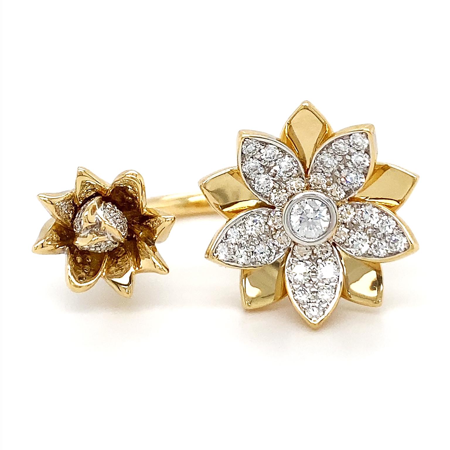 Two radiant flowers bloom in this contemporary designed ring. One on side is smaller flower with its 18k yellow gold petals contrasting against the ornamented petals and bud of brilliant cut diamonds. On the other side a larger flower with pave set