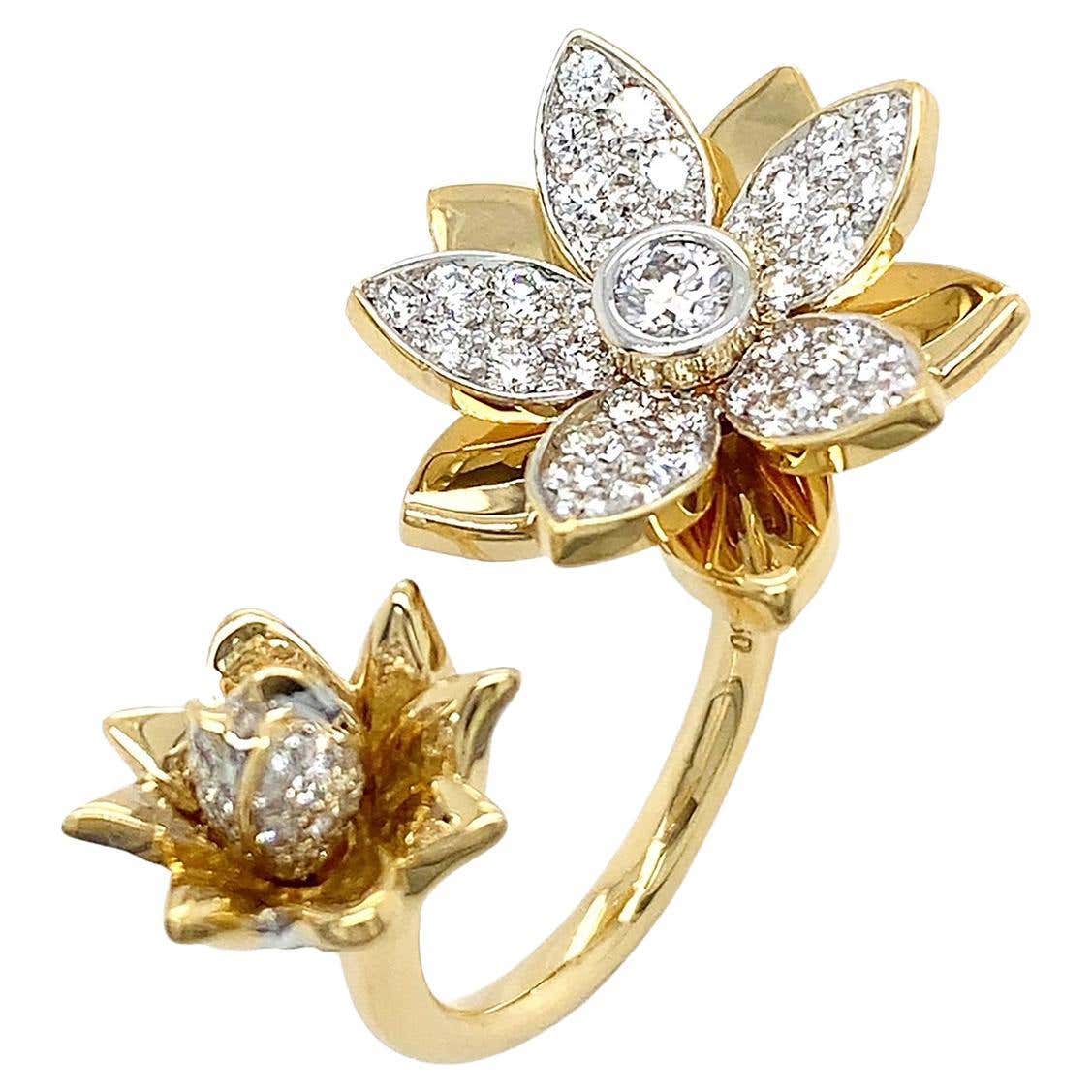 18K Yellow Gold Double Flower Diamond Ring For Sale at 1stDibs | flower ...