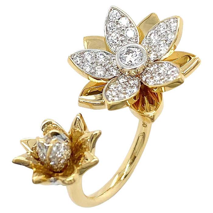 18K Yellow Gold Double Flower Diamond Ring For Sale at 1stDibs | flower ...