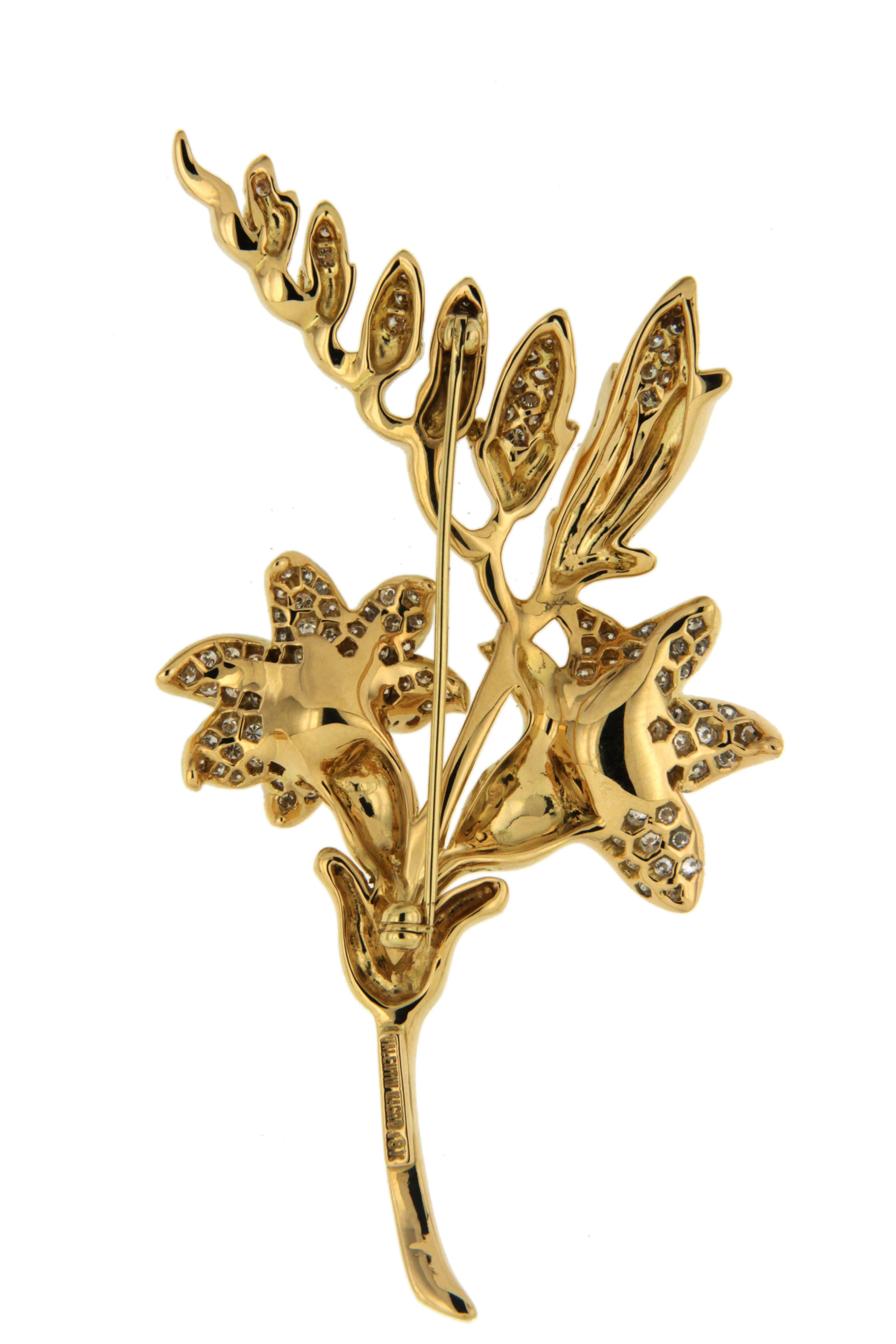 Women's 18K Yellow Gold Diamond Flower in Bloom Brooch For Sale