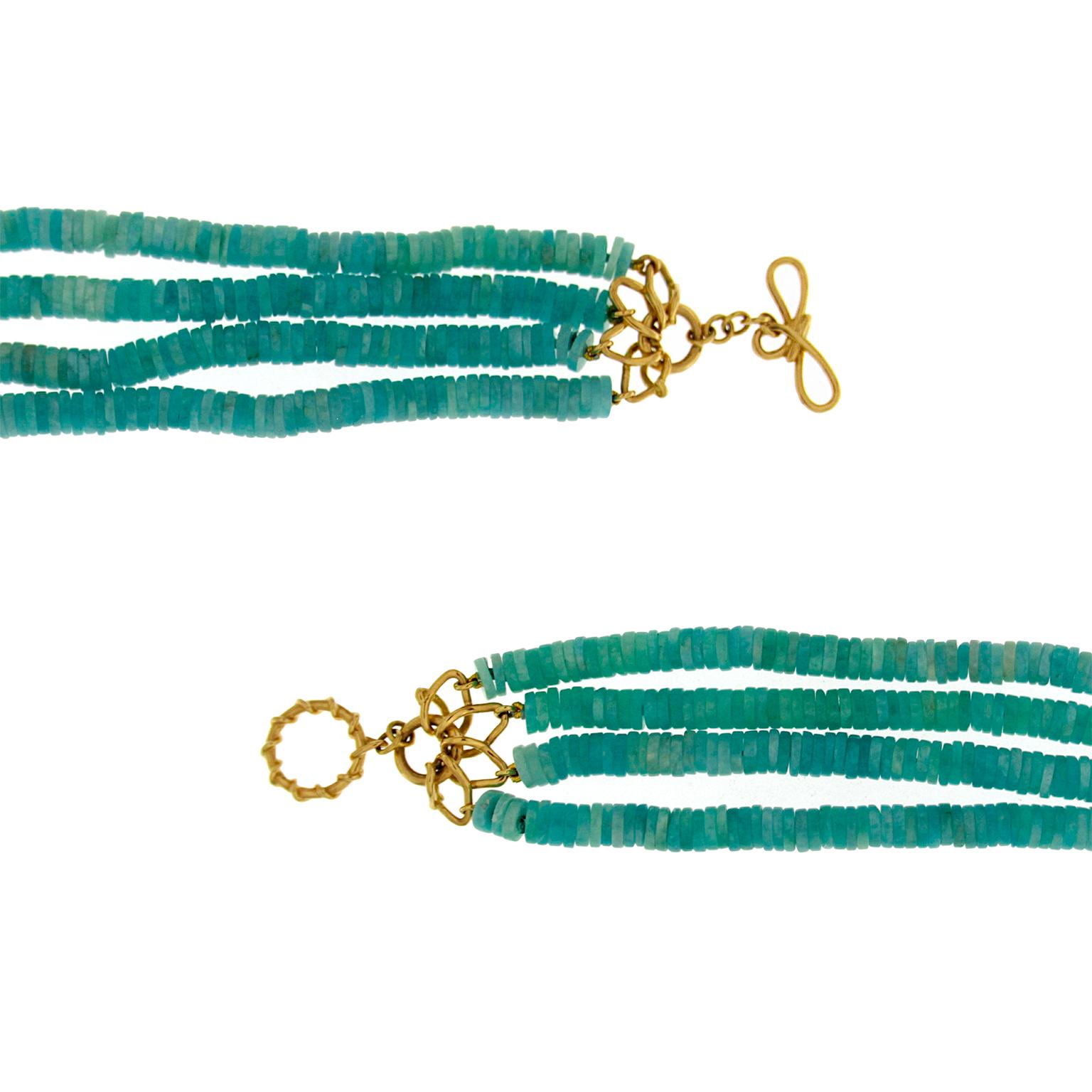 Vierstrangige Amazonit-Scheiben-Halskette aus 18 Karat Gelbgold (Perle) im Angebot
