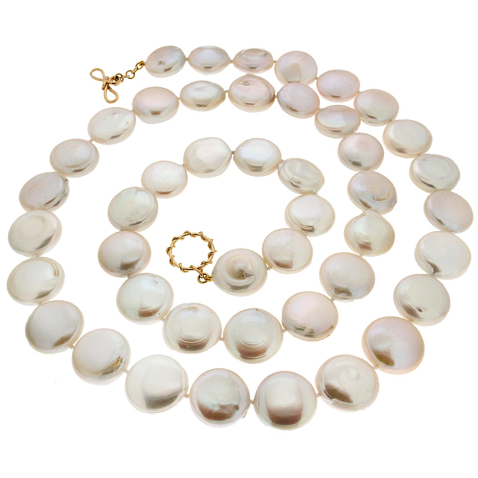 Round Cut Freshwater Coin Pearl 18K Yellow Gold Necklace For Sale
