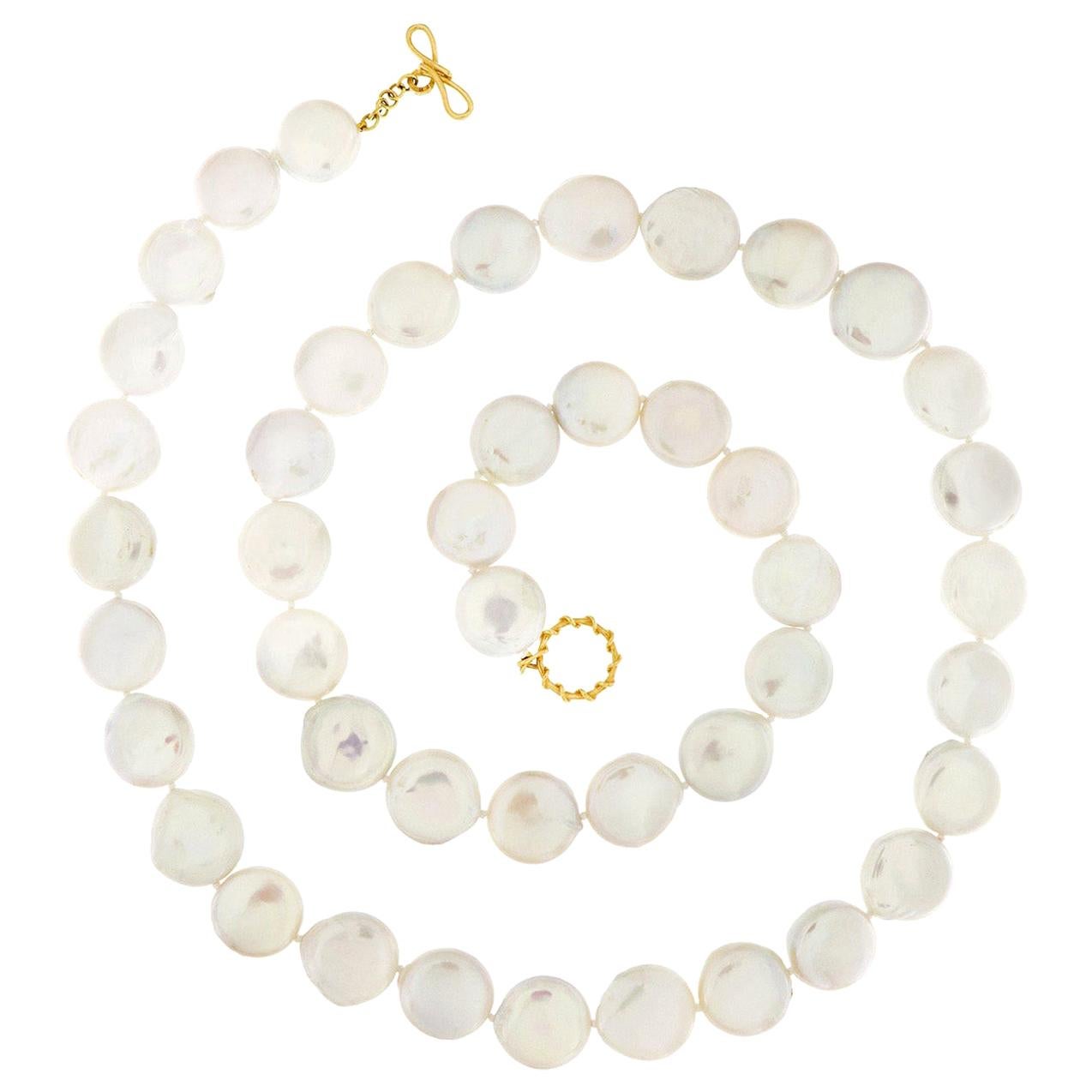 Freshwater Coin Pearl 18K Yellow Gold Necklace